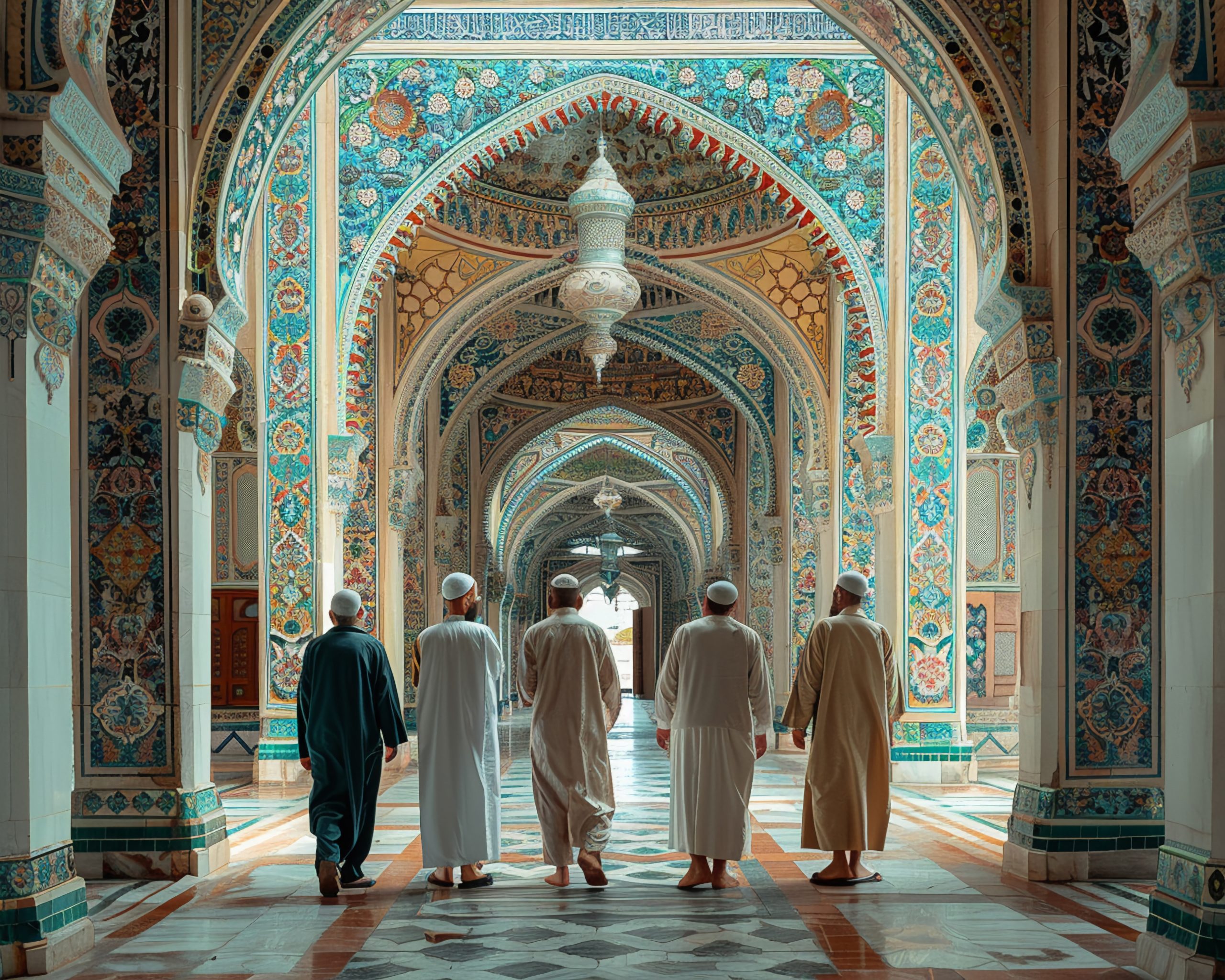 Group of friends discussing faith inside a mosque, medium shot, engaging moment.